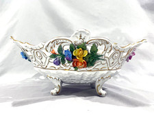 Vintage CARL THIEME DRESDEN FLOWERS FRUIT BOWL - RETICULATED EDGE - 12 1/4"
