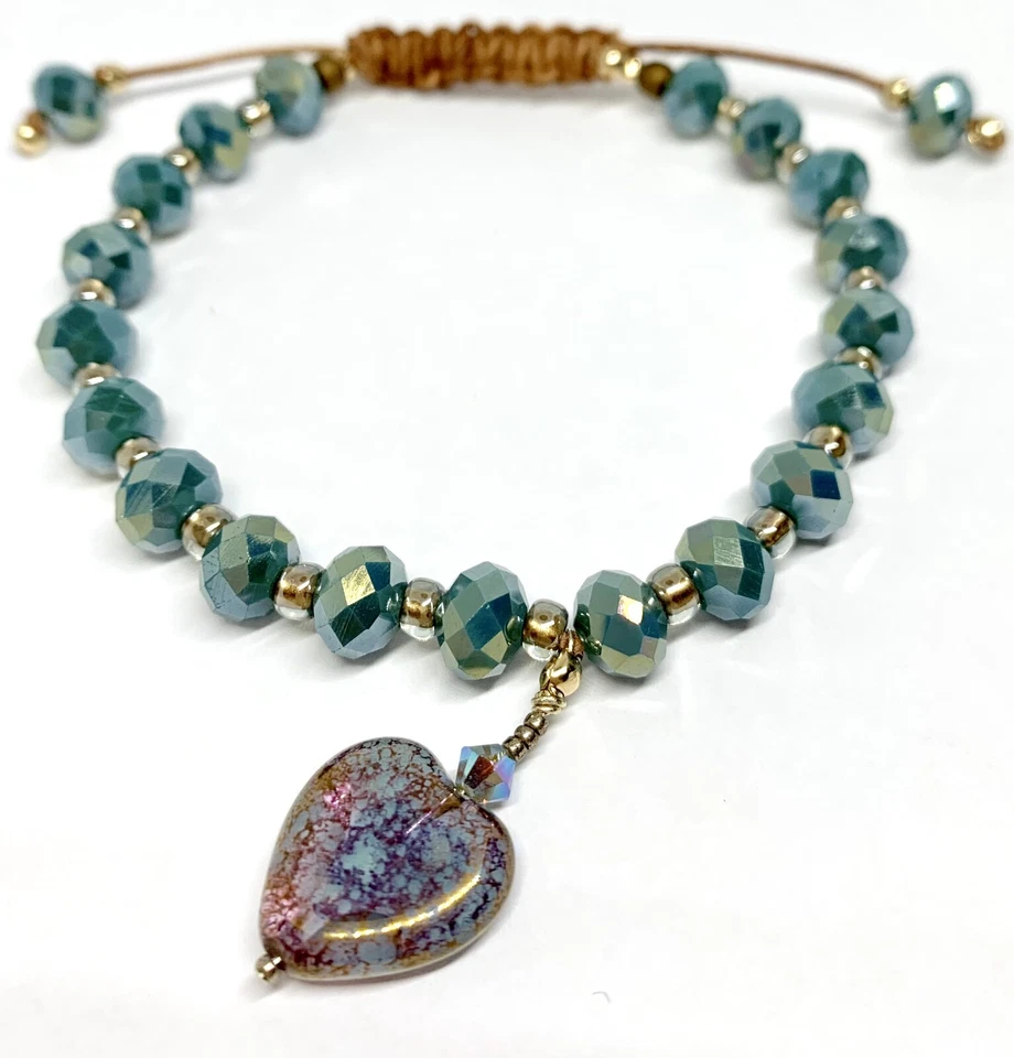 Venta Pulsera Love Corazón Verde azulado con colgante de cuentas de corazón pulsera de cuero marrón Foto 3 de 4