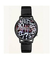 NEW GUESS BLACK PATENT LEATHER BAND, LOGO FACE WATCH-U75055L1