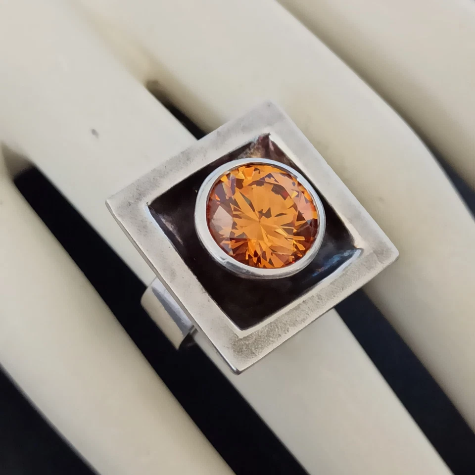 Anel de prata modernista maciço geométrico ousado quartzo artesanal quadrado 7,25 fino vintage - Imagem 2 de 4