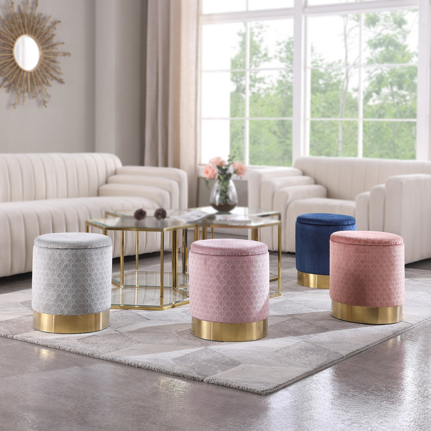 Black Round Footstool Ottomans with Storage Pouffe Velvet Dressing