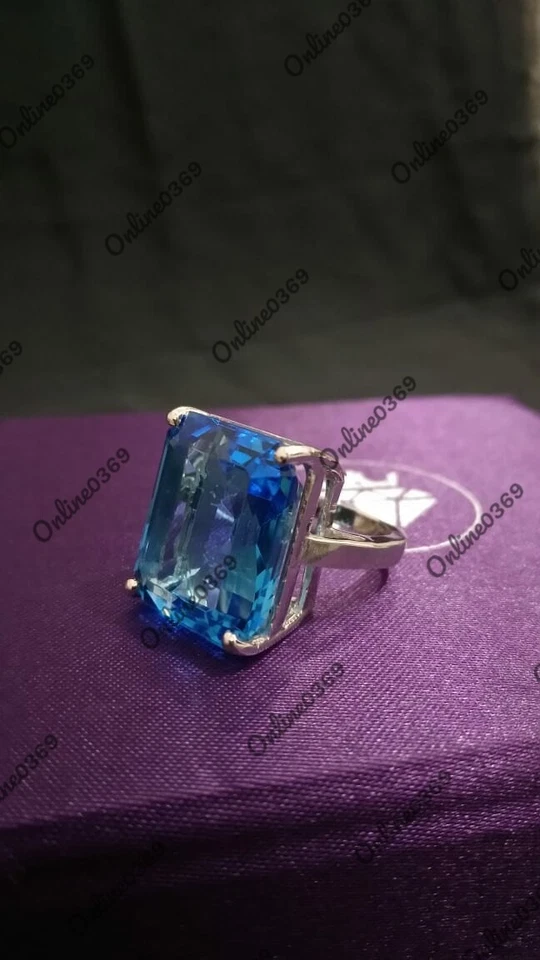 14k White Gold Plated Men's 925 Silver Classic Ring Simulated Swiss Blue Topaz - Image 4 of 4