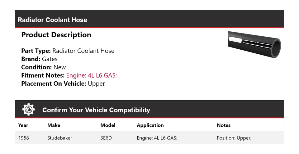 For 1958 Studebaker 3E6D 4L L6 GAS Radiator Coolant Hose Upper Gates - Image 2 of 4