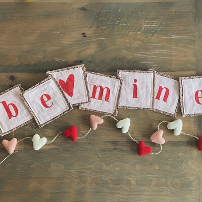 Valentine Fabric Banner  Be Mine  from vintage fabric and hand painted-4 foot