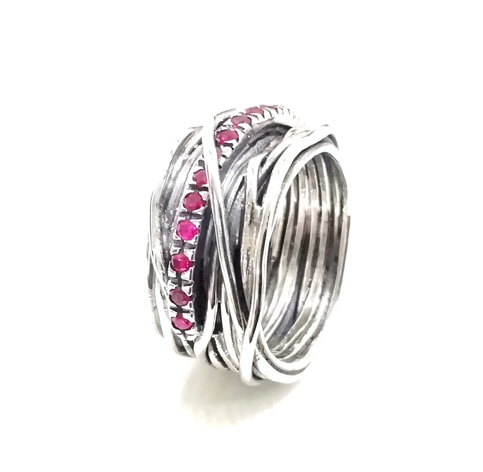 ANELLO DONNA A FILO INTRECCIATO CON PIETRE IN ARGENTO 925 FASCIA LARGA 1,2 CM. - Immagine 2 di 4