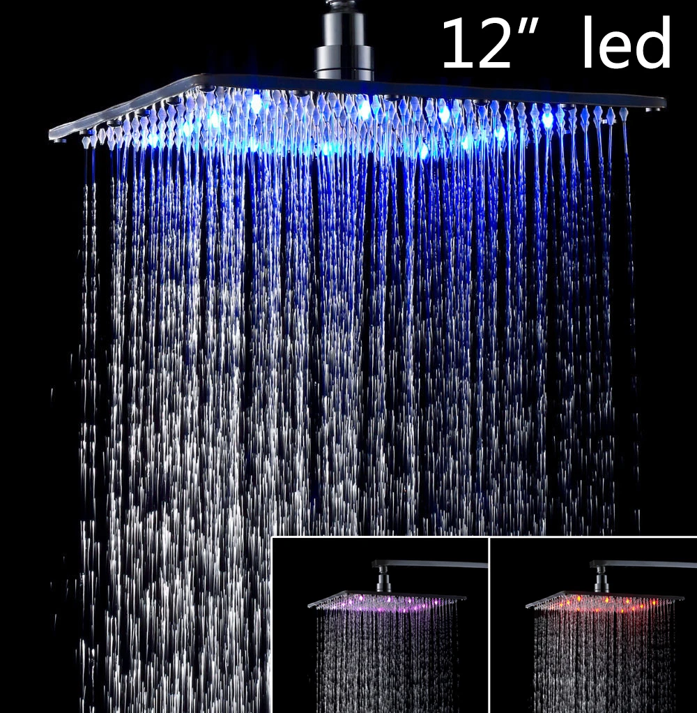 LED 12 Inch Bathroom Rainfall Shower Head Taps Mixer Ceiling Mounted Faucet