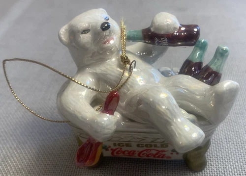 COCA-COLA 2003 Pearlescent Porcelain Coke Drinking Polar Bear Ornament Vintage