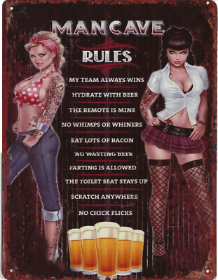 Blechschild ''Man Cave Rules'' Männerhöhle Regeln Pin Up Werkstatt 33x25cm neu