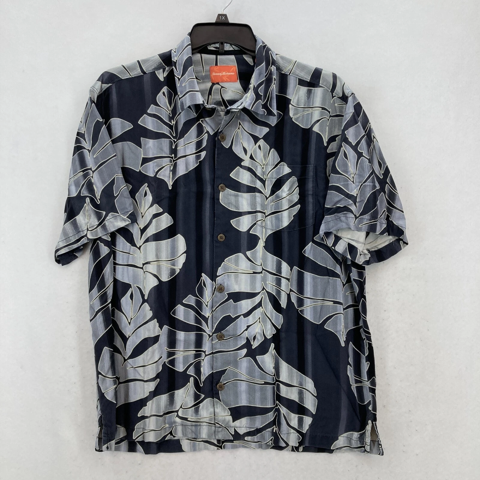 Tommy Bahama Silk Hawaiian Shirt Mens Large Blue Gray Floral Preppy Nautical
