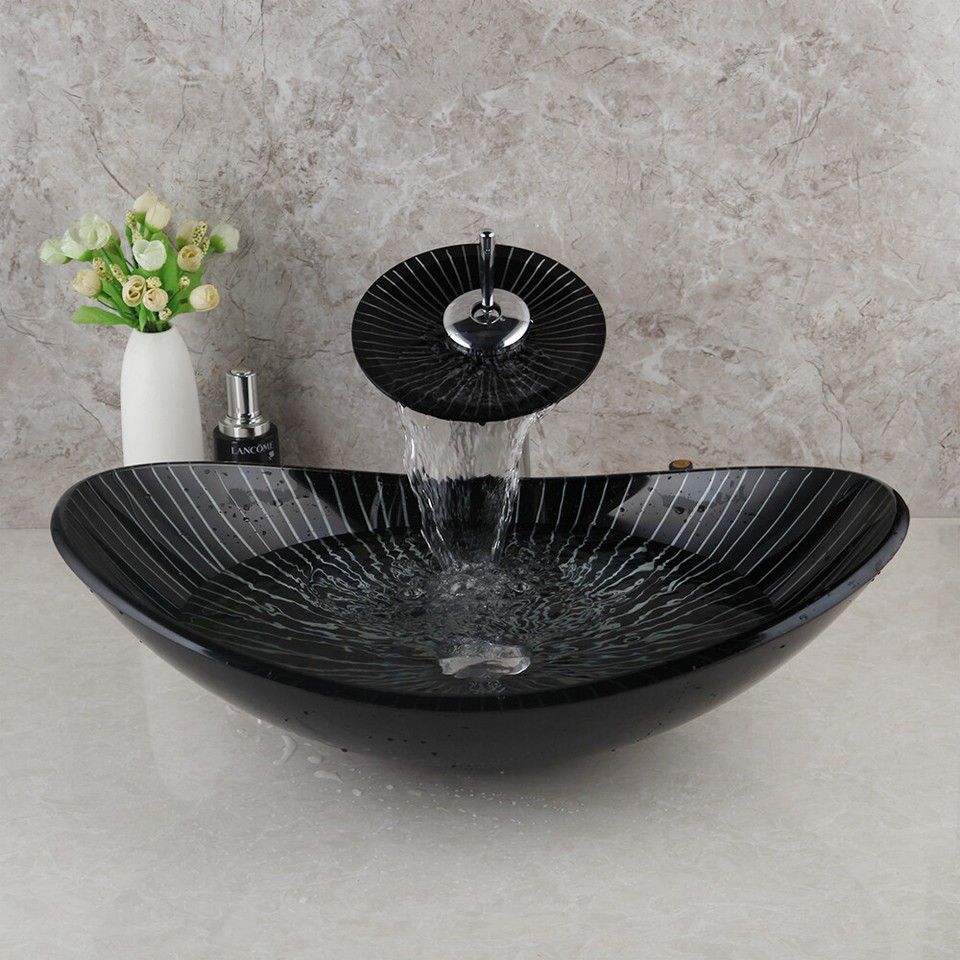 Black Tempered Glass Bathroom Basin Bowl Container Vessel With Mixer ...