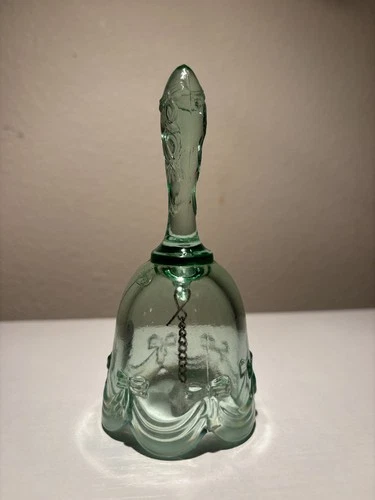Fenton Green Glass Bell Handmade USA Bows & Drapes Pattern Signed 4" Vintage