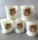 Fire King Exxon Tiger Mug Set 5 Anchor Hocking Milk Glass Vintage Advertising