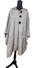 Womens Hooded Cape Poncho Soft Marled Knit Button Front Shawl Wrap One Size
