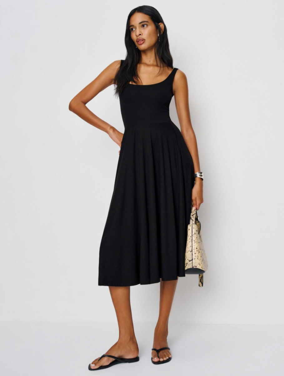 $128 REFORMATION JEANS "Rou" sleeveless tank Midi Fit & Flare Dress - Black  - M | eBay