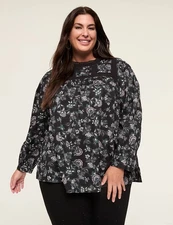 Lane Bryant Black Floral Lace-Trim & Ruffle Popover Blouse Size 14