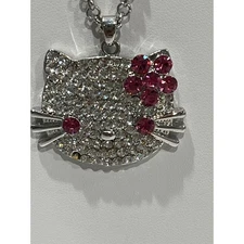 Hello Kitty Necklace Silver Rhinestone Pendant Pink Bow Y2K Kawaii