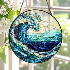 Ocean Waves Stained Glass Suncatcher, Coastal Window Decor Beach Lover Gift