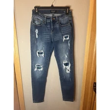 Judy Blue Skinny Fit Stretch Jeans Womens Sz 5/27 Distressed Green Flannel Patch