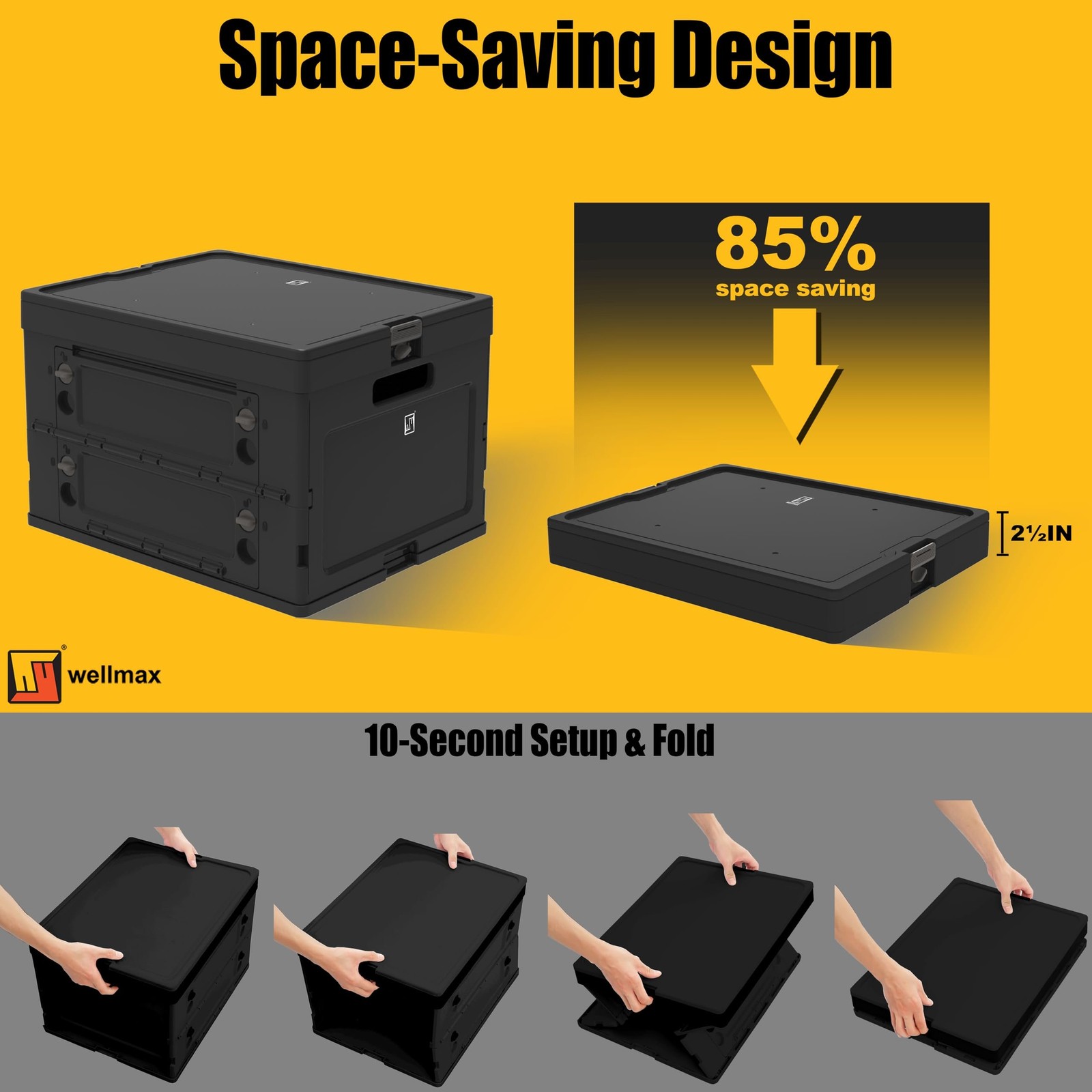 Wellmax Collapsible Crate with Lid - 44lbs Stackable Foldable Crate for...