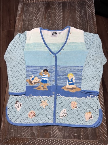 Storybook Knits Rare Vintage Ladies “Day At The Beach” Cardigan Size L