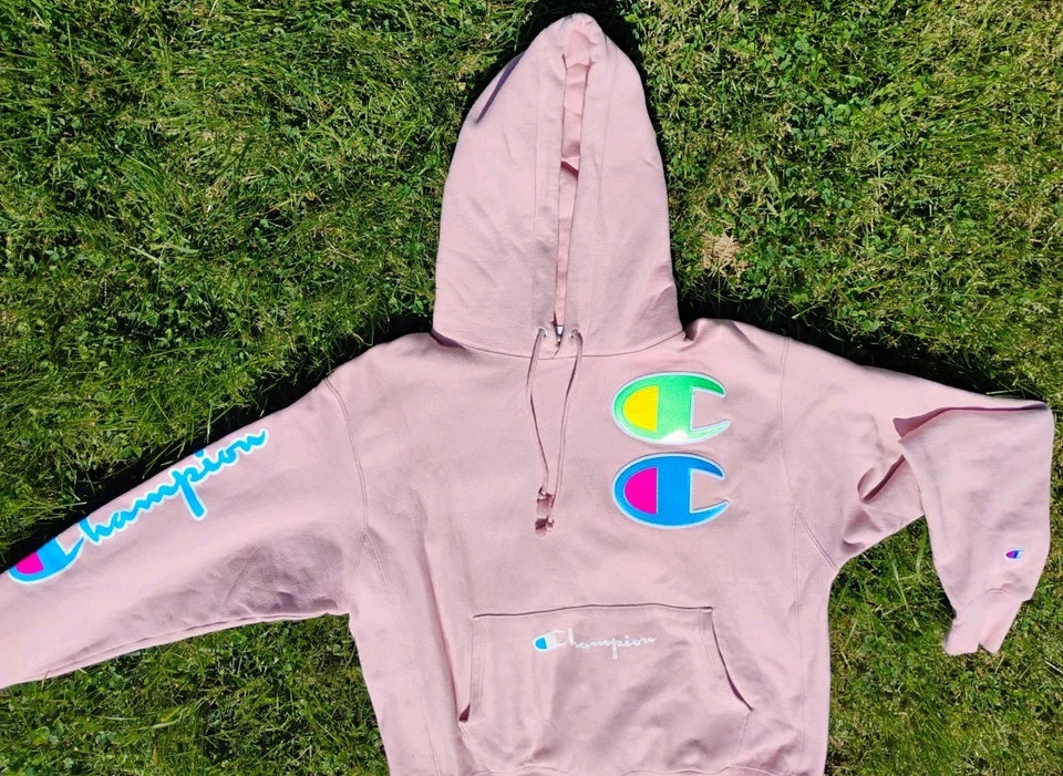 Champion Mujer L Life Sudadera con Capucha Pesada Tejido Inverso Rosa Colorido Logo Foto 3 de 4