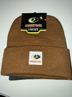 NWT Mossy Oak Mens Brown Black Gray Solid 3 Pack Beanie Hat Classic One Size