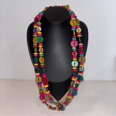 Vintage Extra Long 54'' Wooden Disc Bead Rope Necklace - Colorful Boho Strand