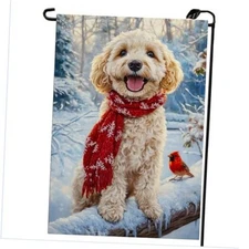 Winter Garden Flags 12x18 Inch Double Sided, Burlap Dog Snow Golden Doodle