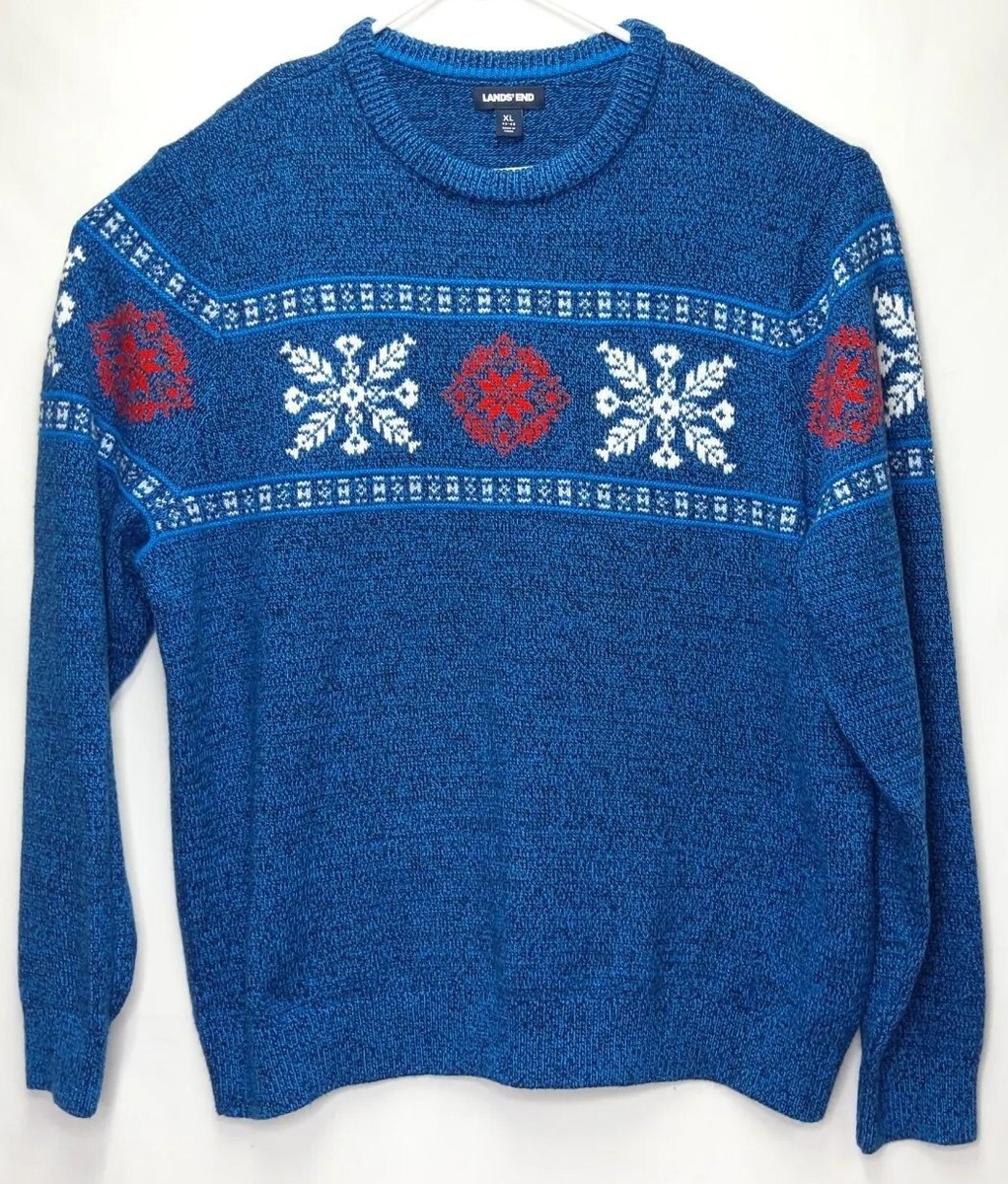 Mens Lands End Blue Multi Snowflake FairIsle Sweater Wool Cotton