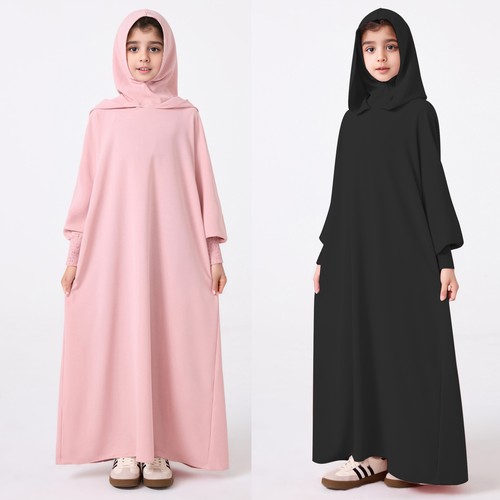 Hooded Girls Kids Khimar Prayer Long Dress Full Cover Girls Muslim Robe Ramadan