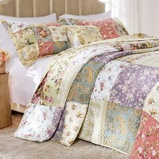 VINTAGE FLORAL XXL BEDSPREAD : PATCHWORK BLOOMING PRAIRIE ROSE PINK BLUE IVORY