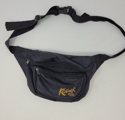 Vintage Kodak Film Logo Zip Compartment Fanny Pack Black Travel Bag Retro Camera - Picture 1 of 10