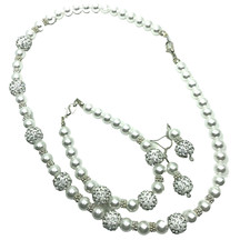 Faux Pearl Necklace Bracelet Earring Set Crystal Bead Wedding Bridal Feminine
