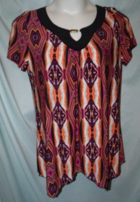 New Directions Multicolor Geometric Keyhole Neck SS Knit Blouse Women's Sz 1X
