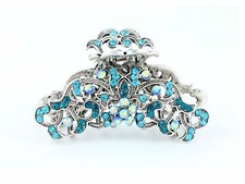 Antique silver metallic hair claw clip with colored rhinestones - Ocean Blue