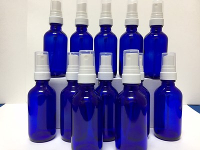 Glass Spray Bottle Set of 12 New 2oz Blue Glass Bottles White Sprayers