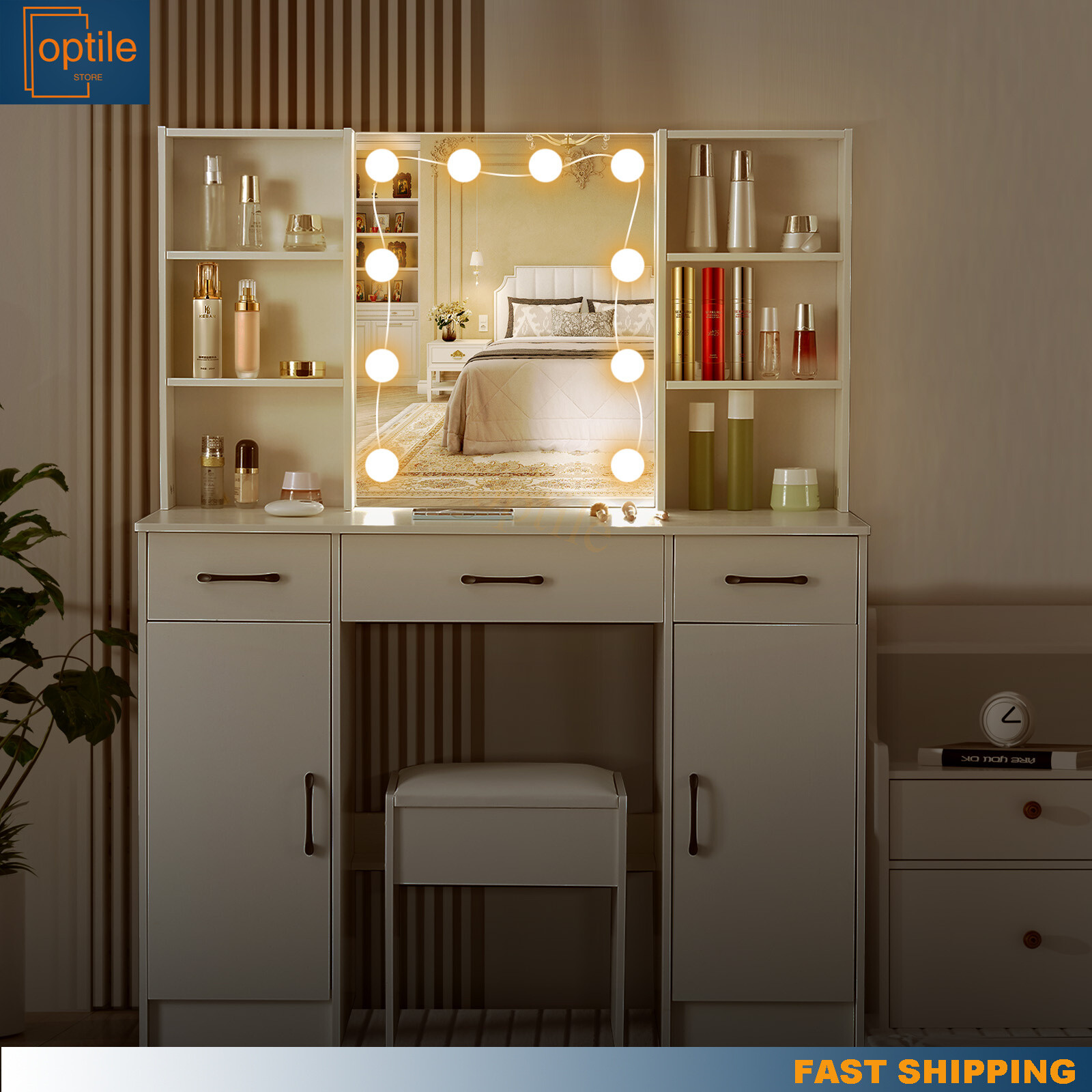 Juego de Tocador con Espejo Iluminado LED Maquillaje Tocador Tocador Mesa de Escritorio Dama