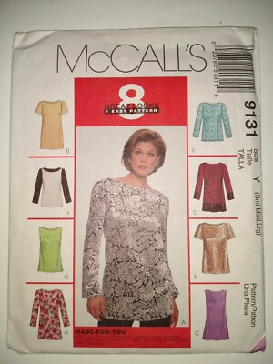 McCall's 9131 Sewing Pattern Misses' Pullover Top in 2 Lengths Sizes S M L UC