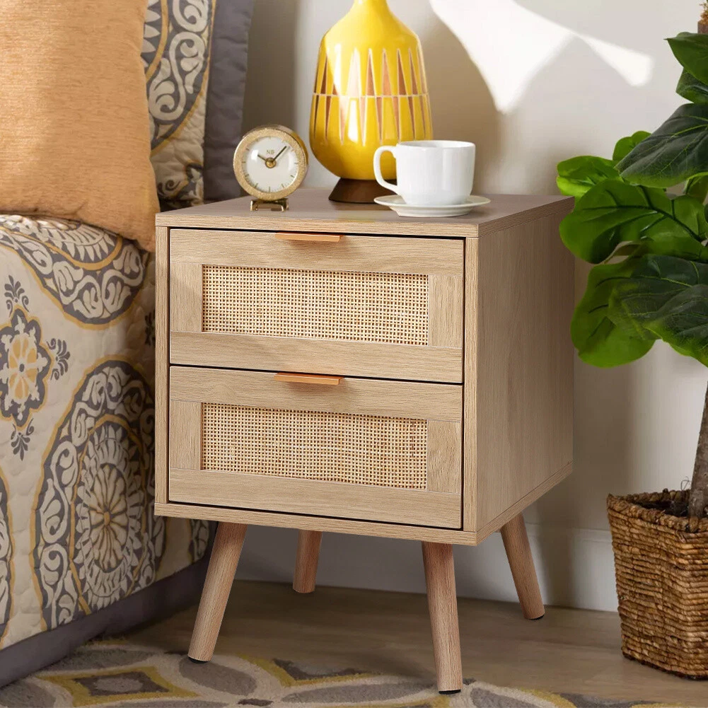 2X Bohemian Rattan Wicker Bedside Table Bedroom Side Cabinet Storage Nightstand