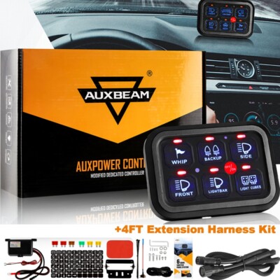 AUXBEAM 6 Gang Switch Panel Relay Blue w/4FT Extension Cable Harness Wiring Kit
