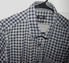HUGO BOSS Men's XL Button Up Shirt Blue Gray Check Long Slv Regular Fit Cotton