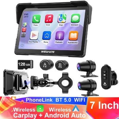 Motorcycle GPS Carplay Screen, Wireless CarPlay & Android Auto Dual 2K Dash Cam