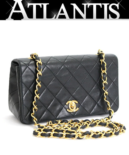 CHANEL Vintage Mini Matelasse 20 Full Flap Chain Shoulder Bag Lambskin Black G H
