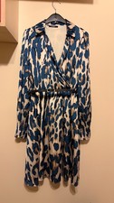Perry Wrap Dress Blue Beige Animal Print Long Sleeve Belted V-Neck Lined Size M