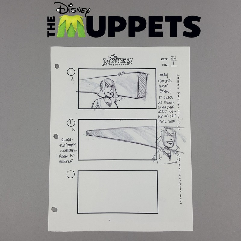 Image 9 of The Muppets (2011) - Production Used Storyboard, Mary Carrying a Huge Beam