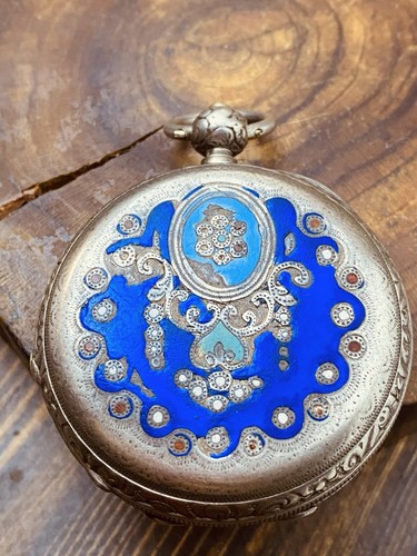 Antique Ancre Key Wound Pocket Watch C.Fleury w Blue Enamel Case & Key #8394 - Picture 7 of 20
