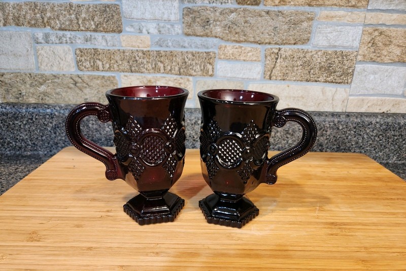 2-Avon Cape Cod Ruby Red Glass Footed Pedestal Coffee Mugs, 5"Hx3"D.