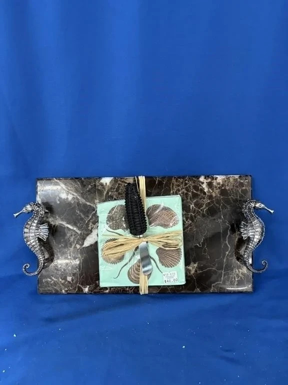 Mud Pie Seahorse Metal Handled Marble Cheese Board & Spreading Knife 7” x 13”
