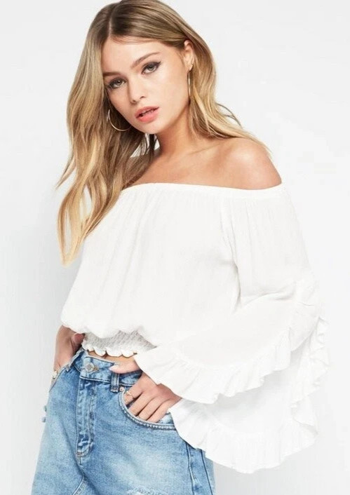 Miss Selfridge Bardot Top Blouse Ruffle Sleeve Size 10 Uk BNWT RRP £33.95 Ivory