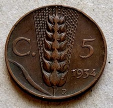Italy 5-centesimi coin, 1934. KM# 59, copper. King Victorio Emmanuel III. Wheat.